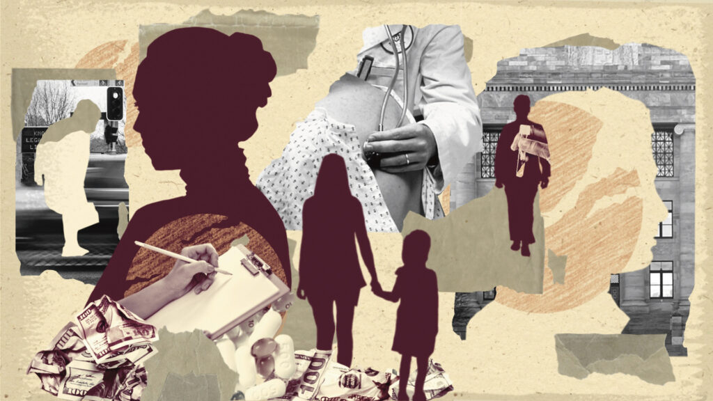 A collage of abstract human torsoes and figures , along with black and white medical imagery