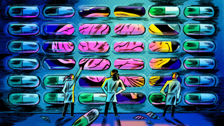 Illustration of researchers looking up at a blister pill pack. Part of the blister pack is filled with pills, while the center shows a sketch of a brain.
