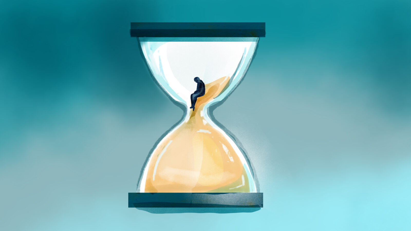 A dark figure sits inside the top half of an hourglass, perched on the sand that's slipping into the bottom half