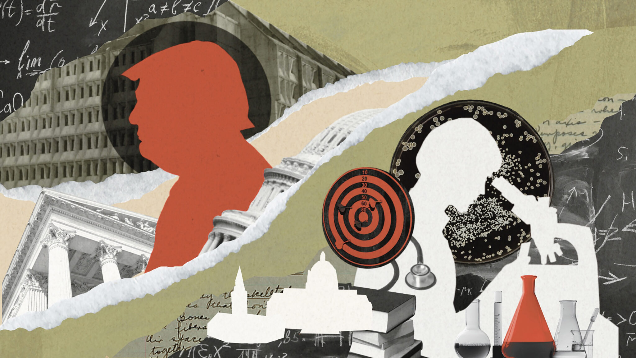 A collage of images -- Trump's outline in red, an ambiguous scientist looking through a microscpe, federal agency building, beakers.