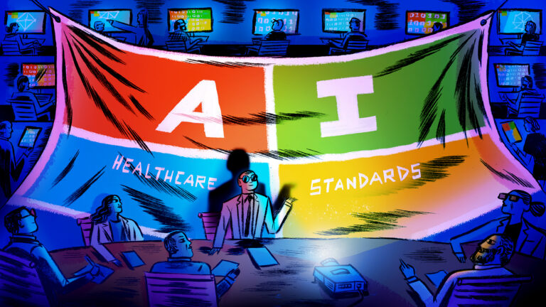 Colorful illustration of a banner that says "AI Healthcare standards" in the style of the microsoft logo behind a conference table
