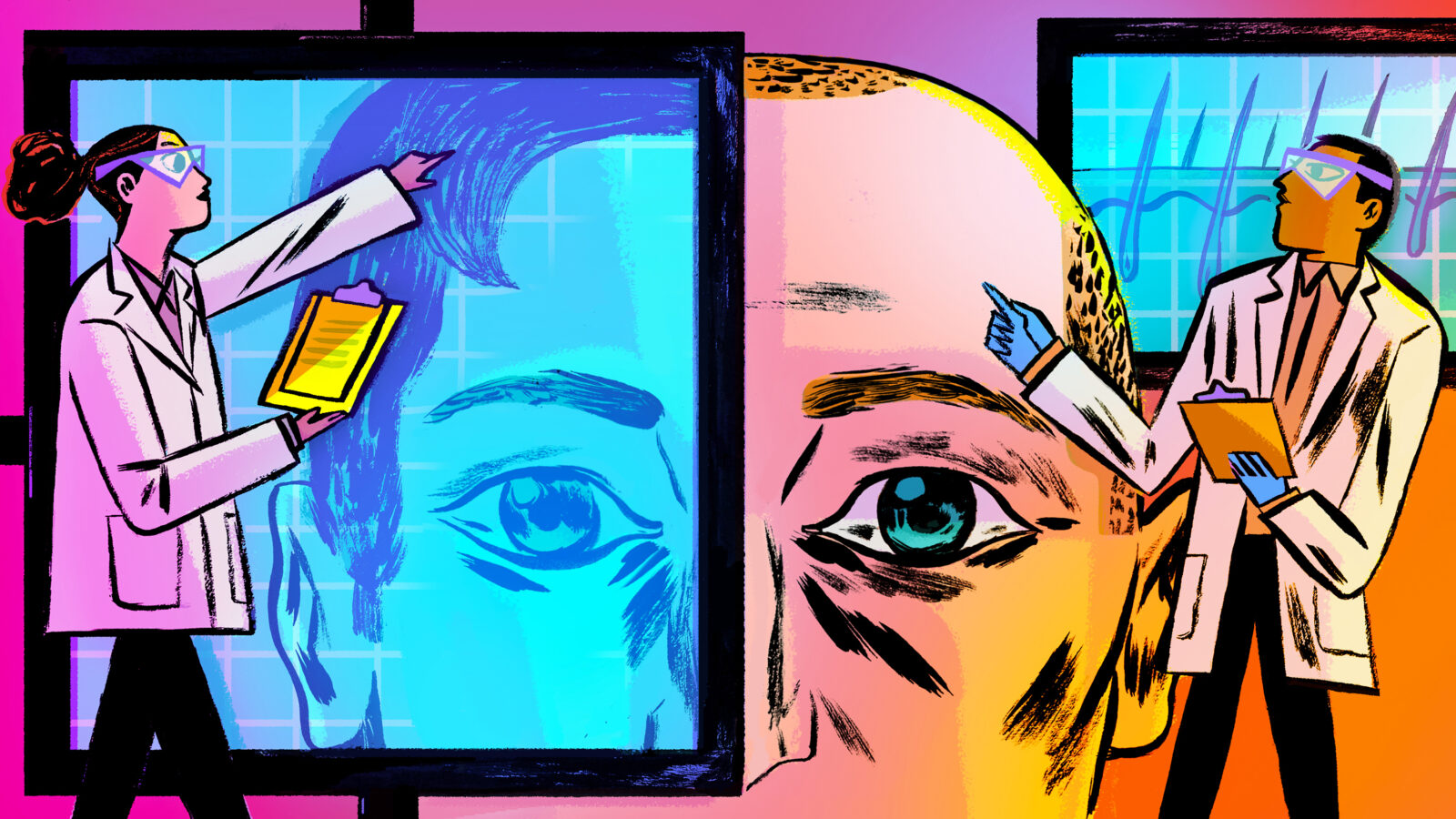 A pink, orange, and blue hued illustration of two scientists analyzing a giant, bald head. As they look through a screen, hair appears on the head.