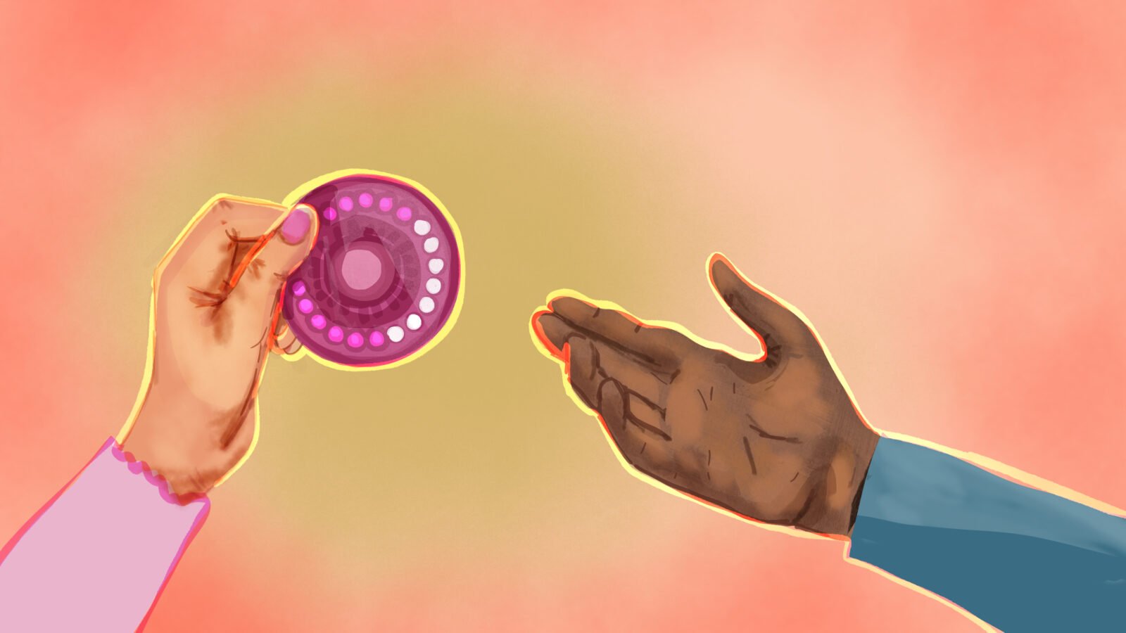 An illustration of a hand wearing a pink sleeve and pink nails hands a pack of birth control pills to an outstretched hand wearing a blue sleeve. 