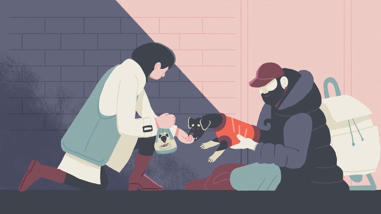 In animation: A doctor kneels down to chat with a homeless person and give treats to their dog.
