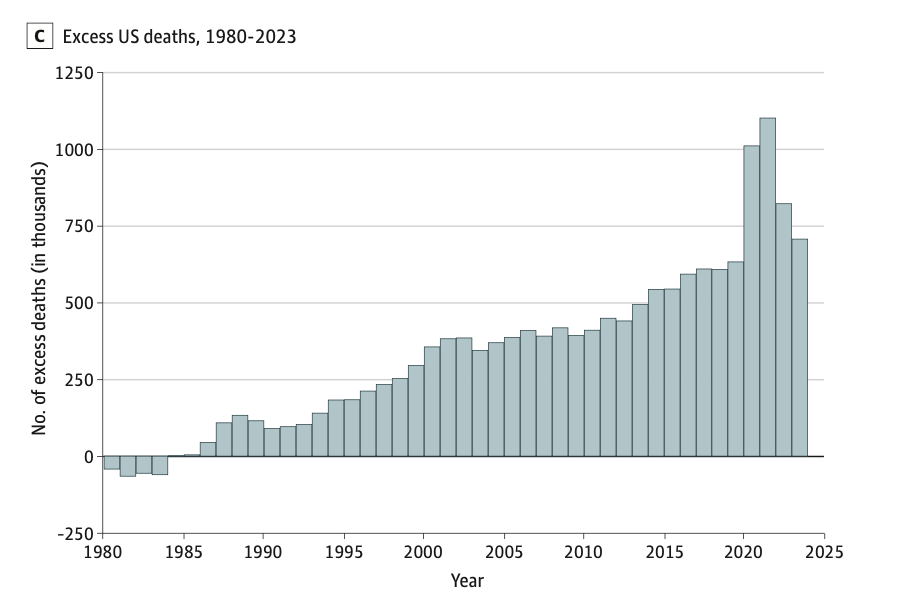 A graph shows the years 1980 to 2023 on the x axis, and the number of excess deaths by the thousands in the U.S. on the y axis. Excess deaths were slightly in the negative at first, but then steadily inclined over the decades until peaking during the pandemic in 2020 and 2021. 