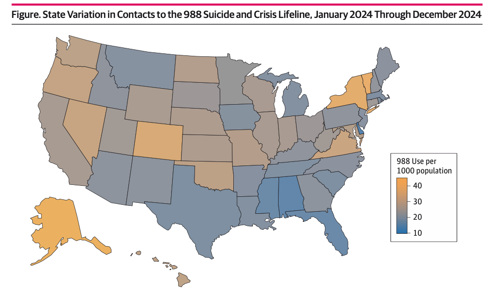 A map of the U.S. shows that contact rates for 988 vary greatly state by state