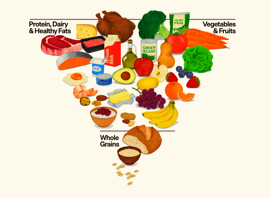 The government's new upside down food pyramid. Turkey, broccoli, cheese, steak, and groundbeef are highlighted at the top, among other items. Whole grains are at the bottom.