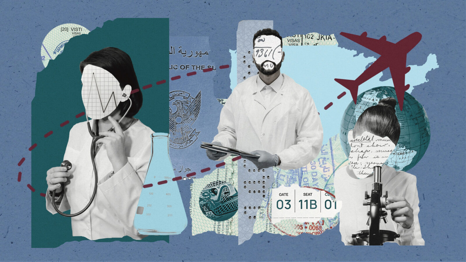 A collage of doctors and plane routes  and dates and travel details