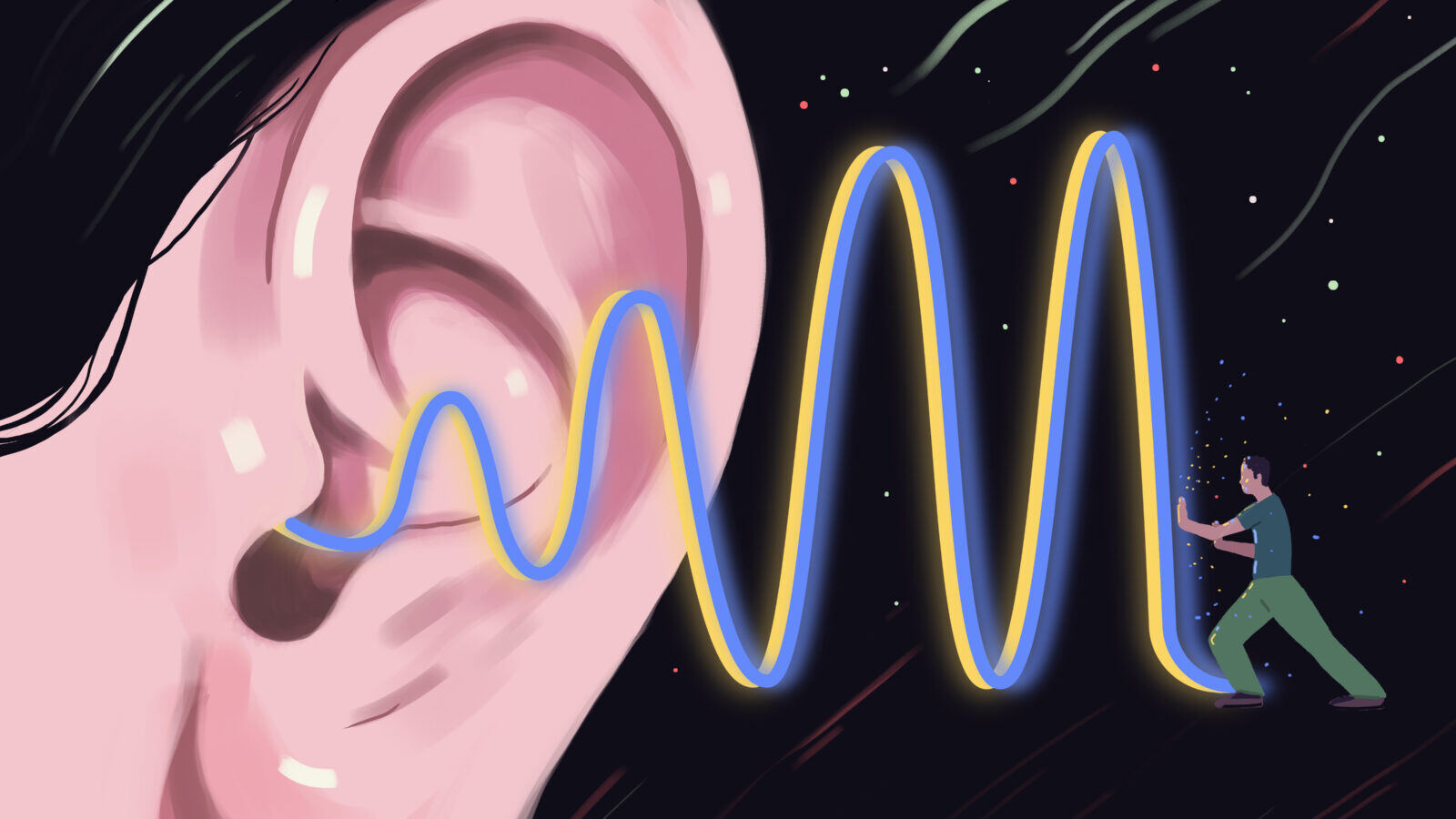 Illustration of sound waves coming out of an ear and at the end of these waves we have a figure trying to push back against them and contain them.