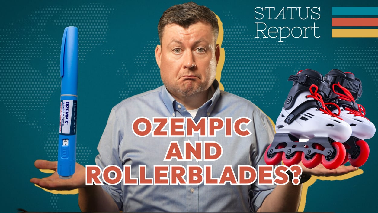 Alex Hogan shrugs, a giant Ozempic applicator edited into one hand, and roller skates edited over the other.The Caption reads: "Ozempic and rollerblades?"