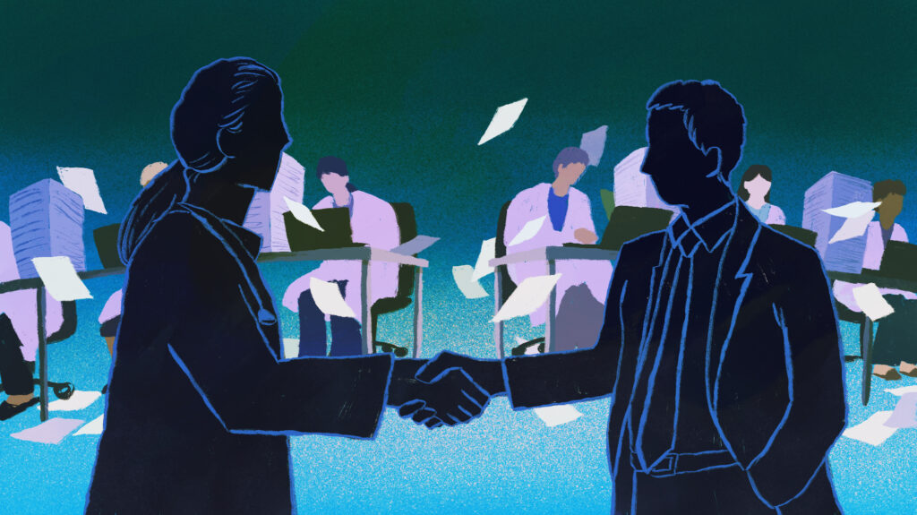 An illustration of two shadowy business-person figures shaking hands, while papers fly around people in white coats behind them.