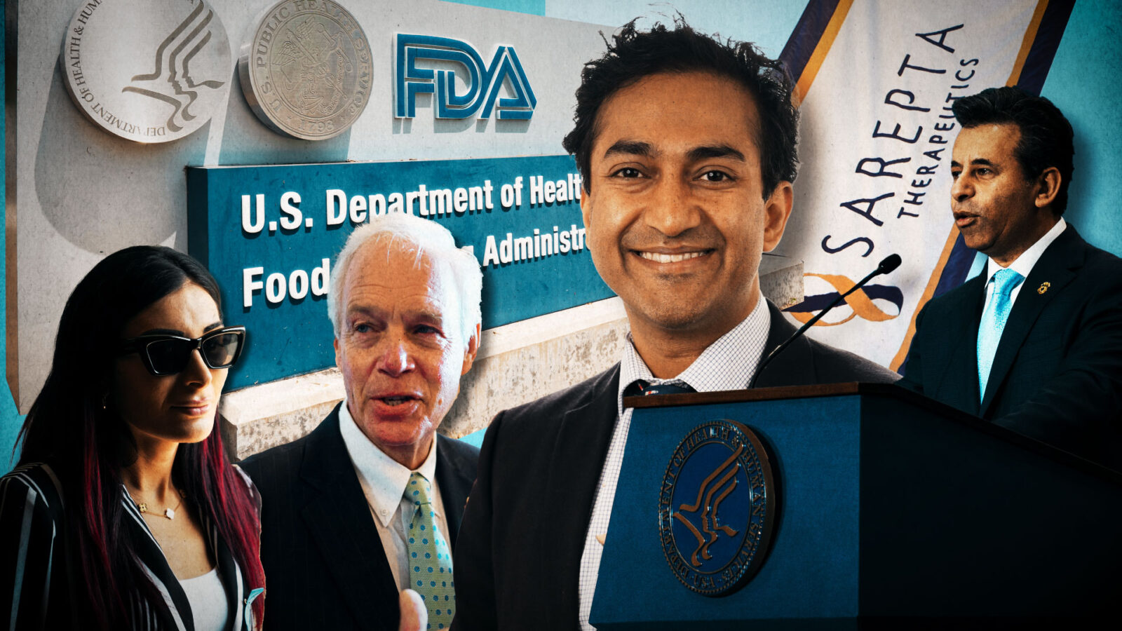 A collage of people over the background of the FDA sign. From left, far-right influencer Laura Loomer; Sen. Ron Johnson (R-Wis.); former FDA official Vinay Prasad; and agency Commissioner Marty Makary.