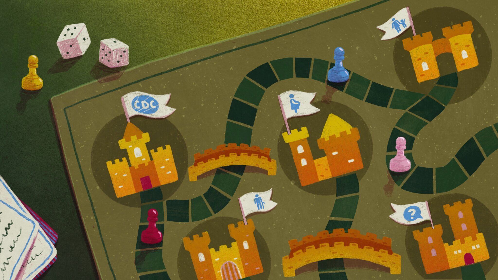An illustration of a metaphorical CDC/vaccine policy board game that's sort of styled like Chutes and Ladders. Tiles connect different castles, with bridges to jump between them.