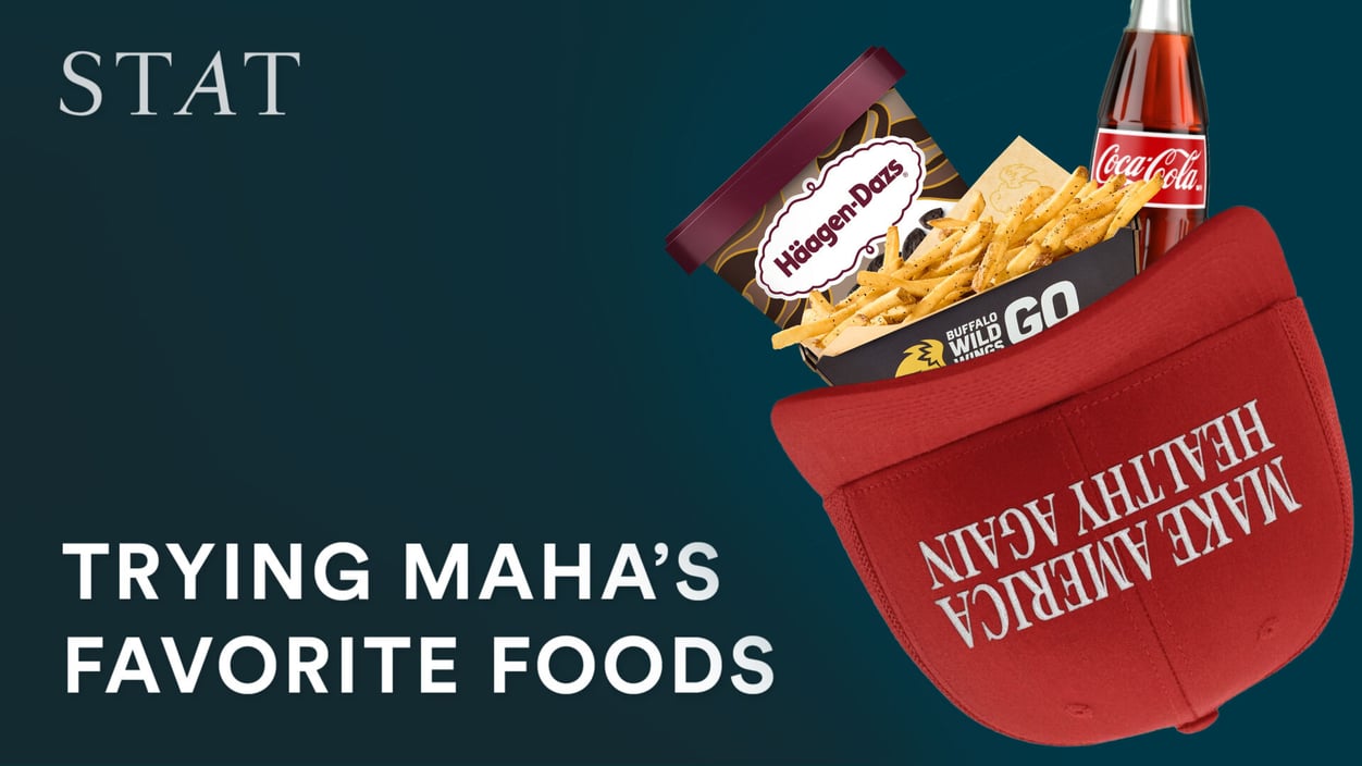 A thumbnail of the STAT video with the caption "Trying MAHA's favorite foods," featuring a red MAGA hat with snacks inside including Coke, fries, and ice cream.