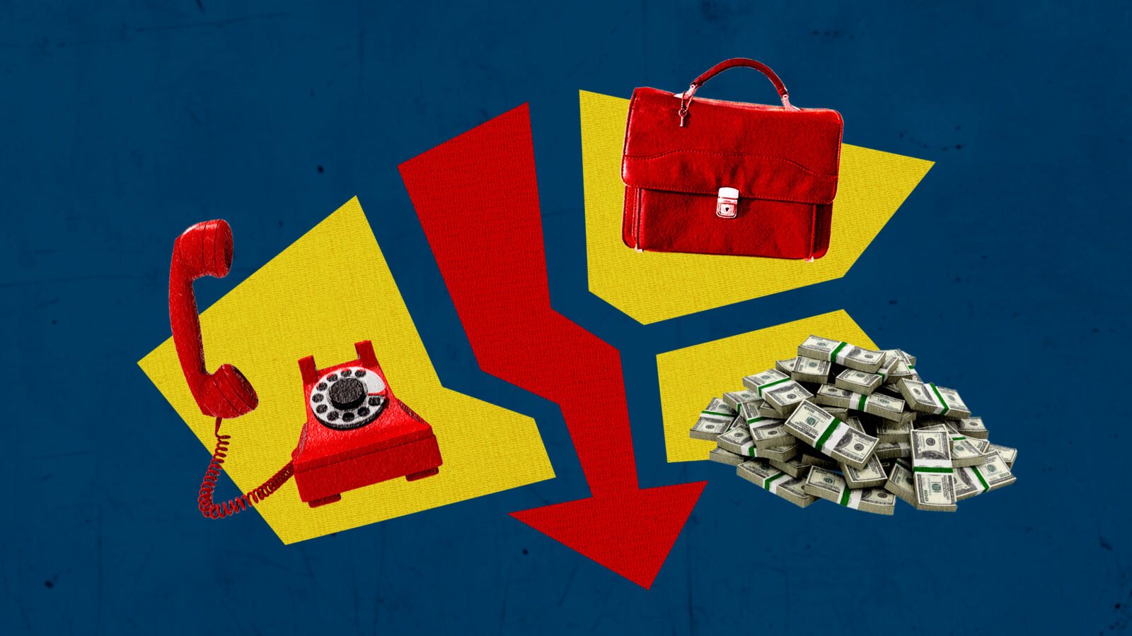 An illustration of a telephone, briefcase, and pile of cash around a red arrow pointing down.