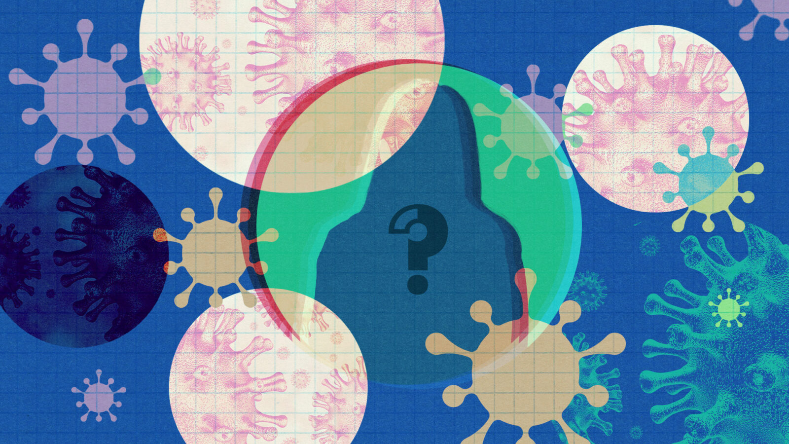 A collage of Covid molecules and question marks with the outline of a human in the center