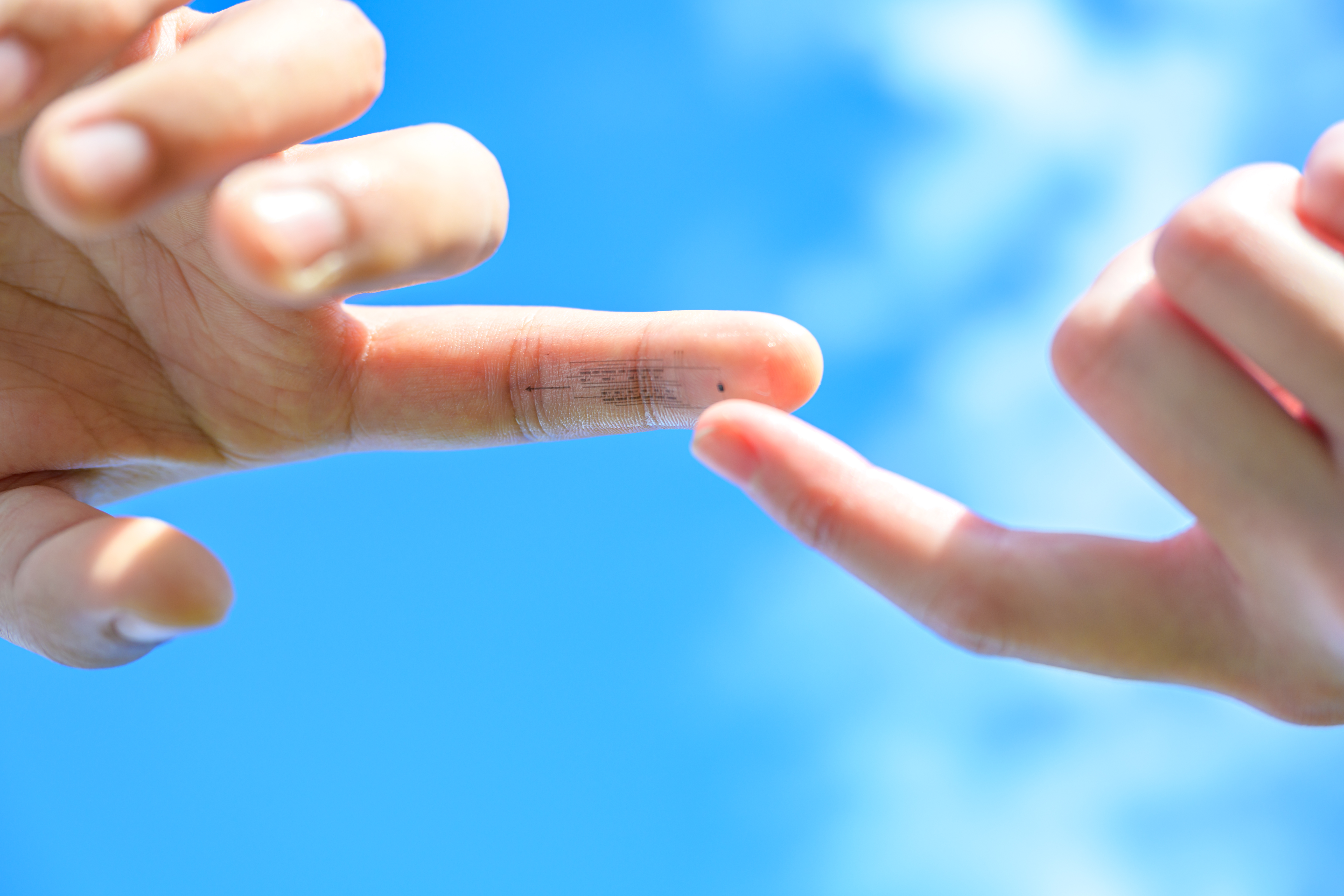 Image of e-skin sensor with soft integrated circuits on fingers.