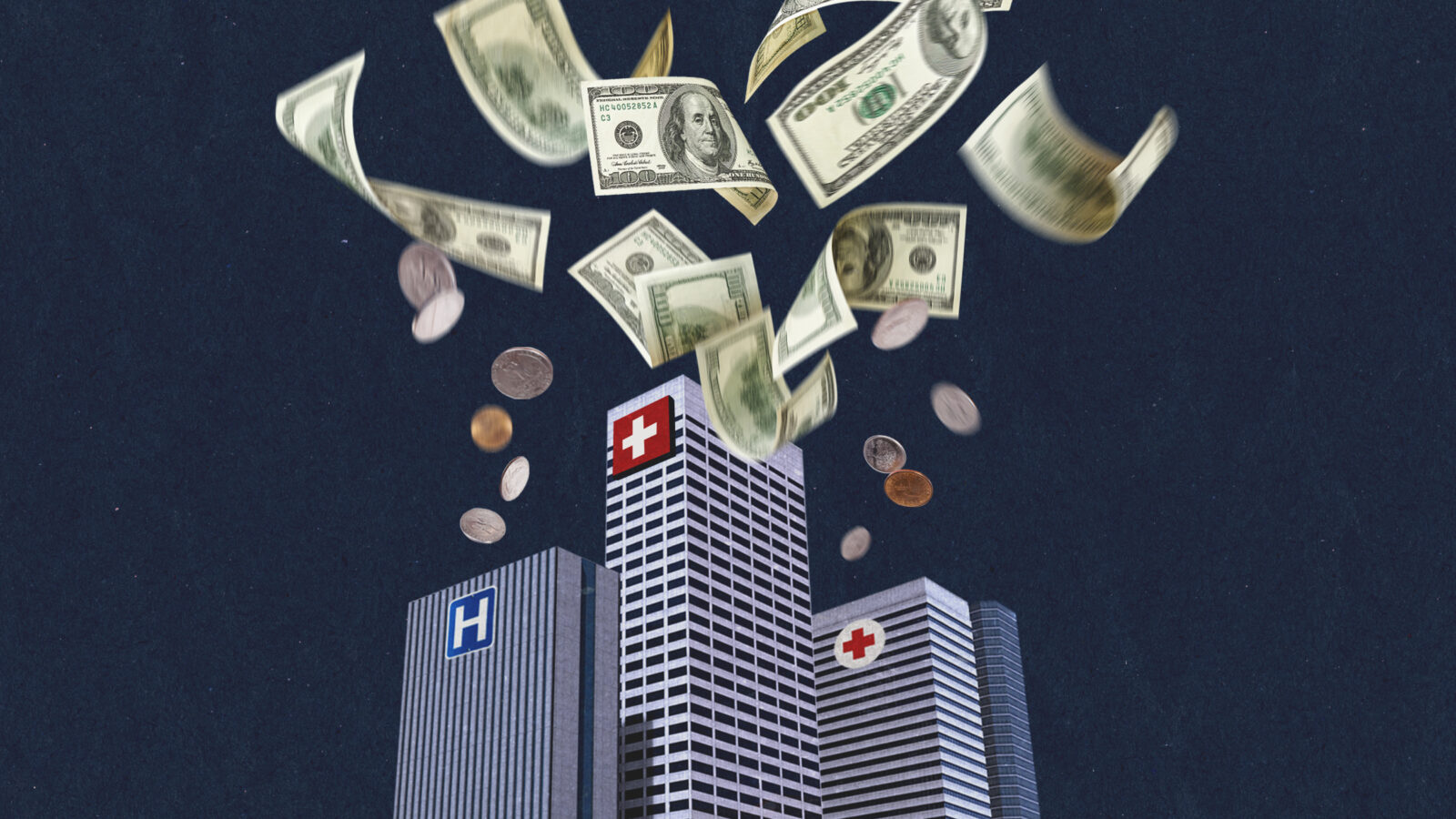 Illustration of money swirling above three hospital buildings.