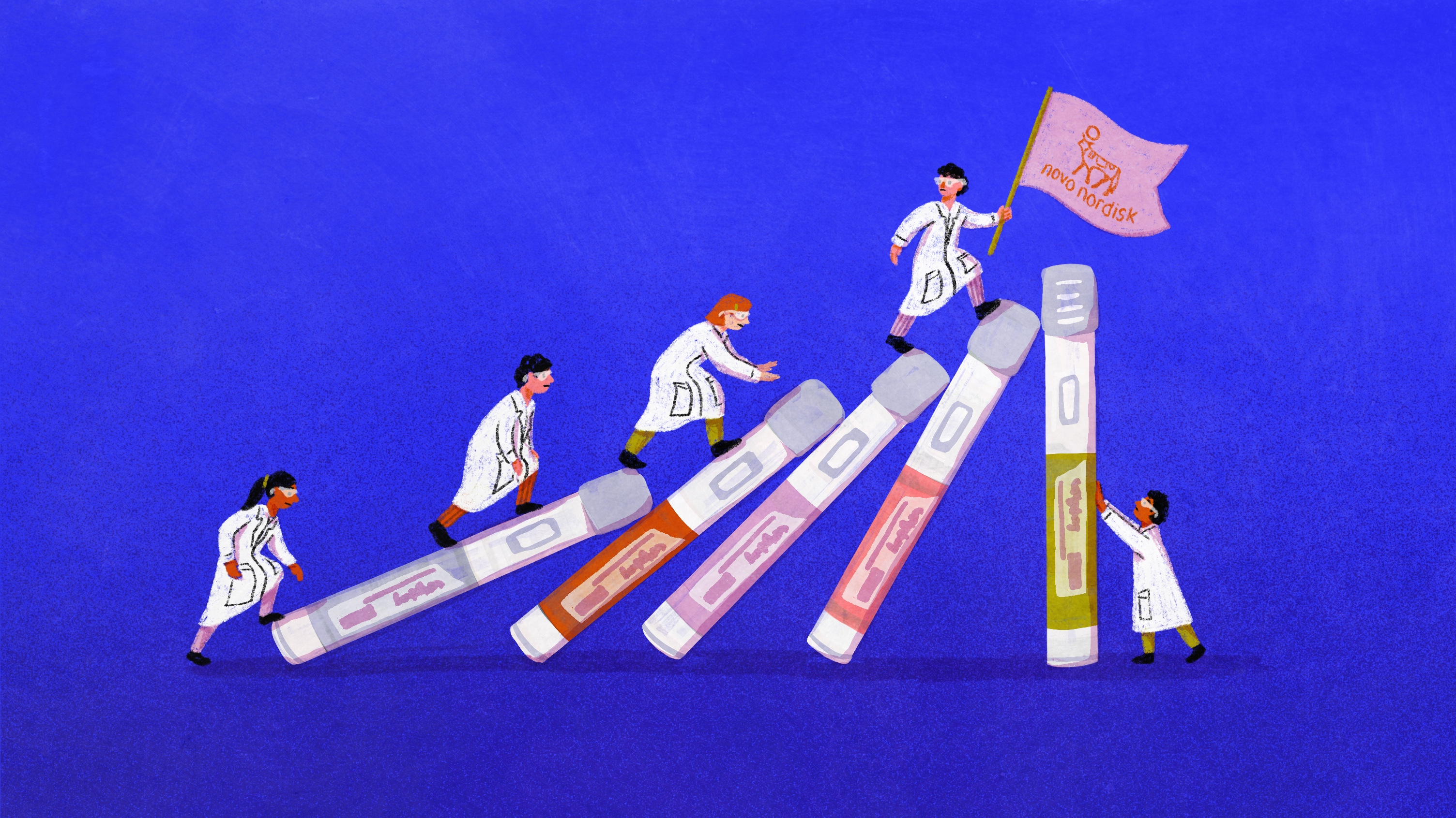 Little illustrated scientists are climbing a toppling wall of GLP-1 injection devices.