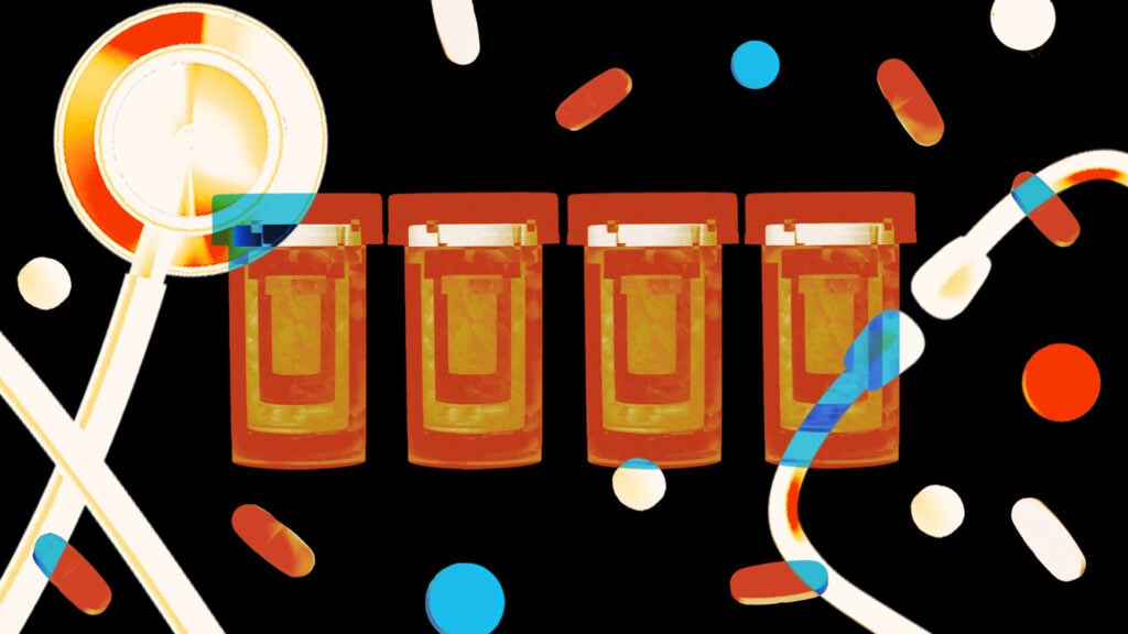 An illustration of bottles and pills and a stethescope