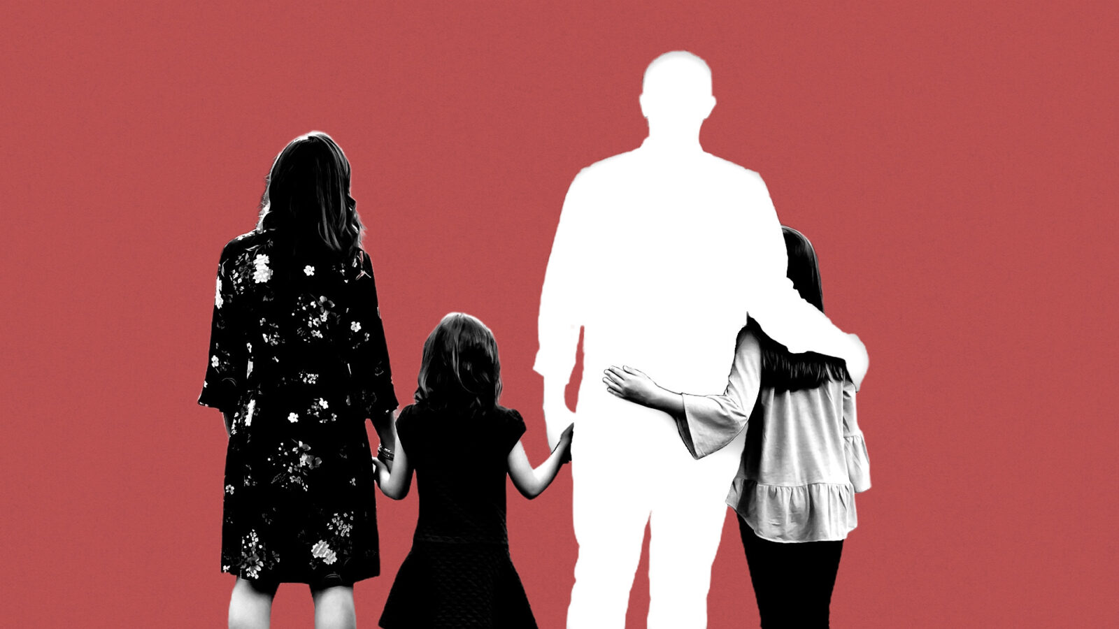 A family with two parents and two children stand facing away from the viewer. The father is only there in outline, like he's been cut out from the photo.