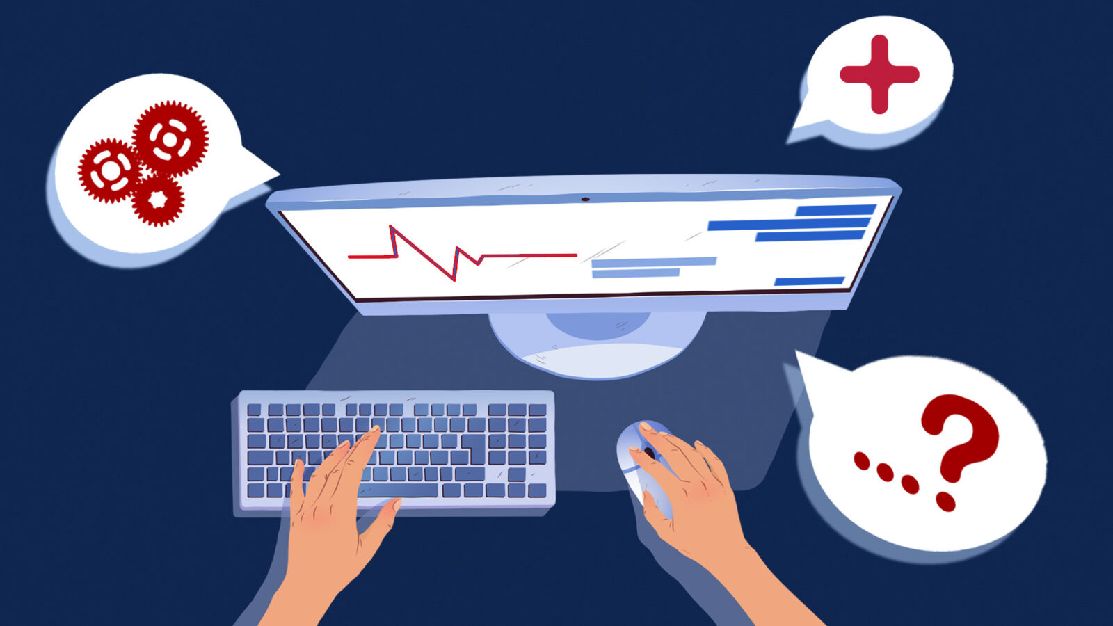 Digitally illlustrated hands type on a keyboard, with a question mark inside aspeech bubble popping out of the computer screen