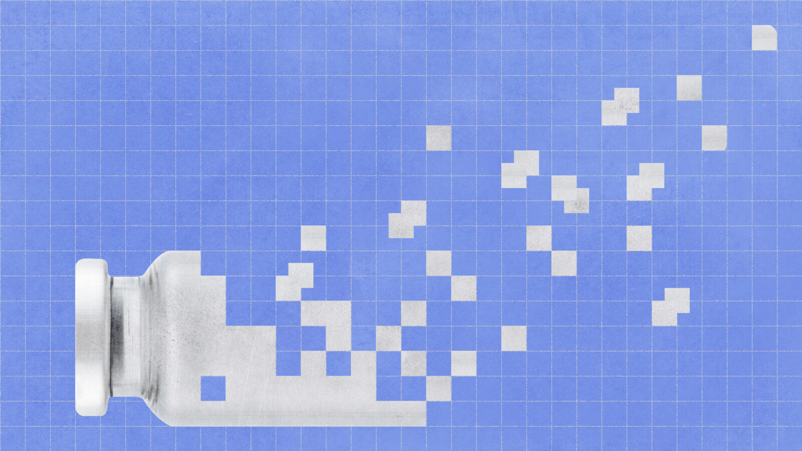 A drug vial lying down on a purple blueprint paper, with its top right part fading away in pixelated pieces