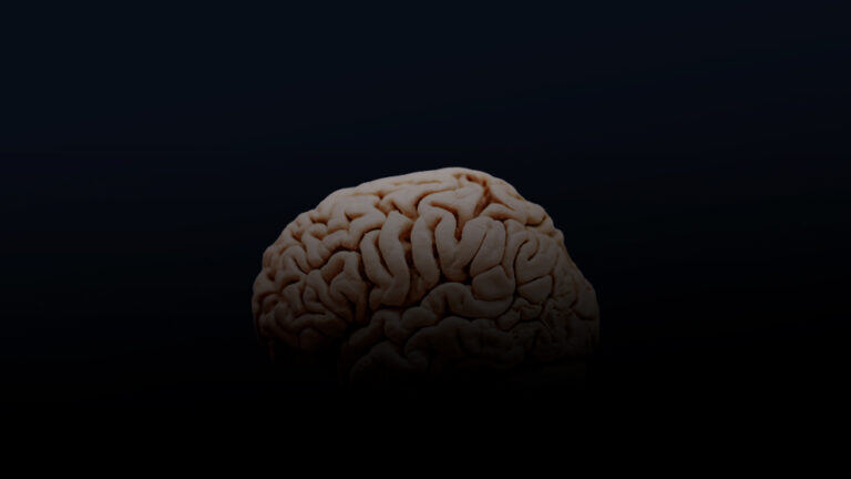 a pink, wrinkly brain, shrouded in darkness in front of a pitch black background