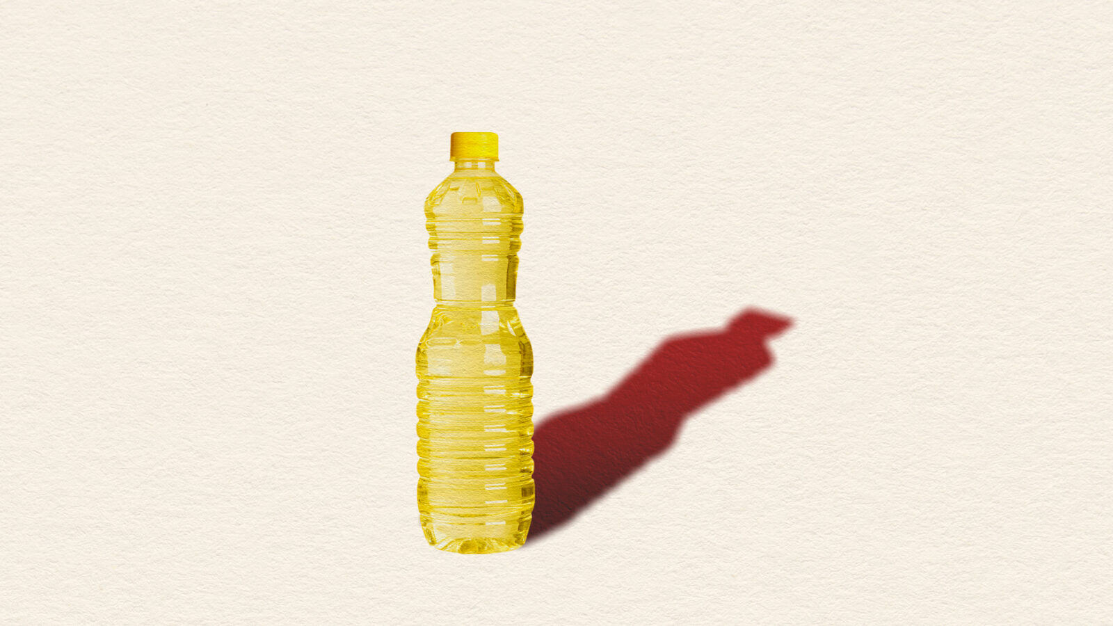 A standing bottle of seed oil with its dark red shadow angled toward two o'clock, against a cream background