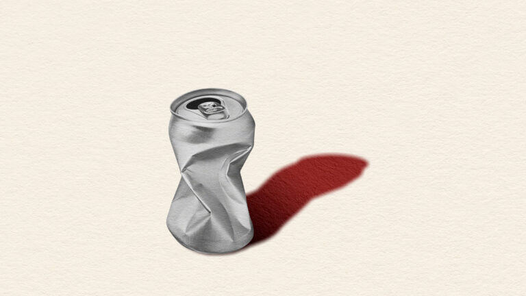 An illustrated aluminun can stands alone, having been crushed, seemingly by someone's hand.