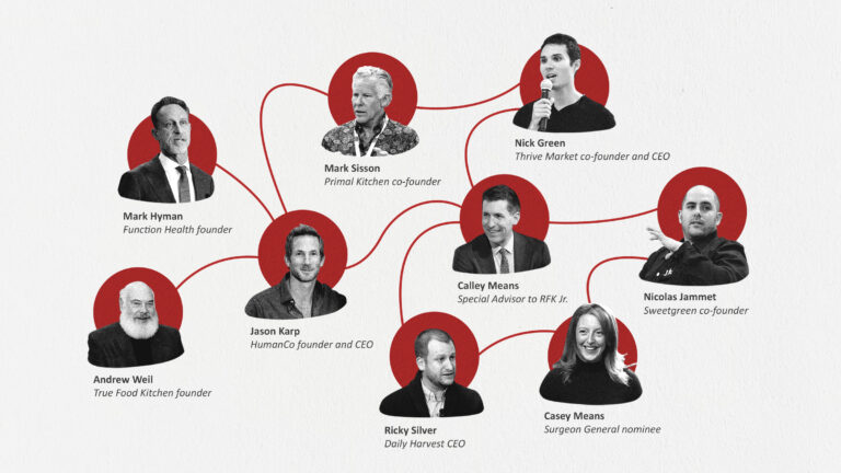 Using red lines and circles, food company leaders (in black and white portraits) are linked to MAHA movement leaders. Featured: Casey and Calley Means, Ricky Silver the Daily Harvest CEO, Nicolas Jammet the Sweetgreen co-founder, and more.