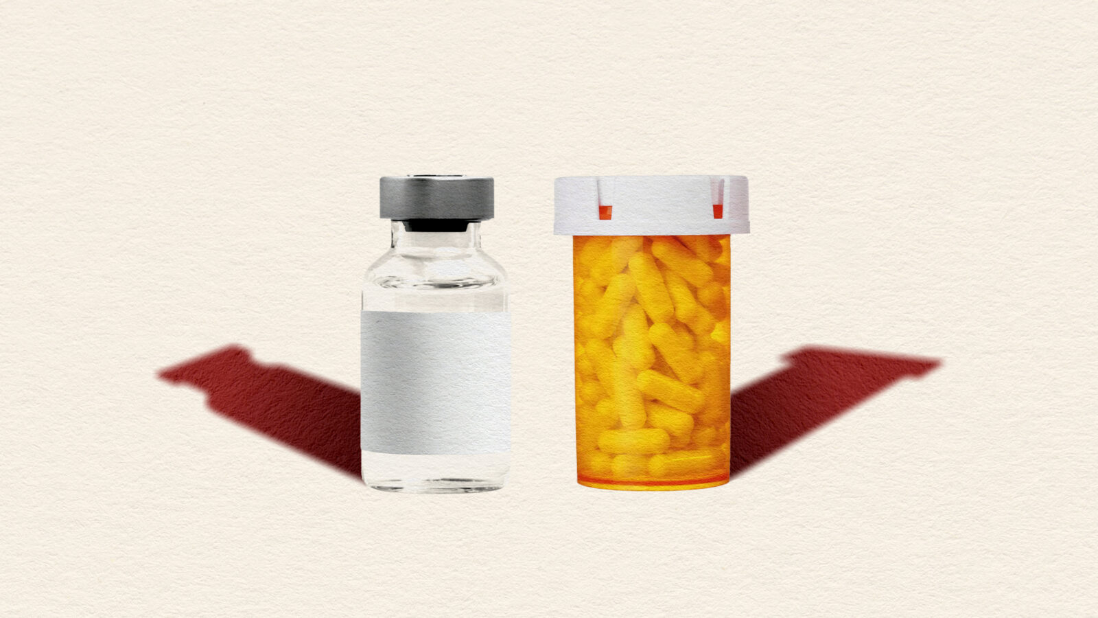 An illustrated vial sits next to an illustrated bottle of pills