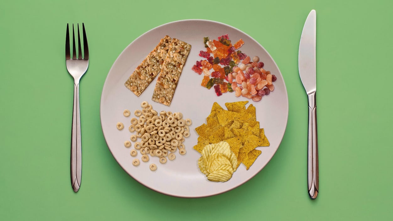 An illustrated plate with tasty snacks: chips, Cheerios, gummies, and a granola bar.