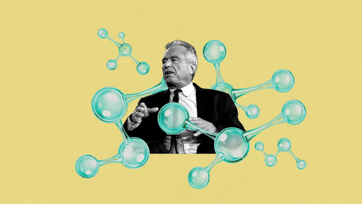 A black and white photo of RFK Jr. overlaid by blue bubble-like molecular structures