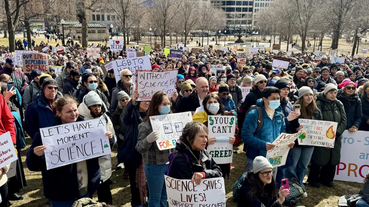 A crowd of protestors gathers at Boston Common. Some are masked, many hold signs with slogans promoting science and diversity.