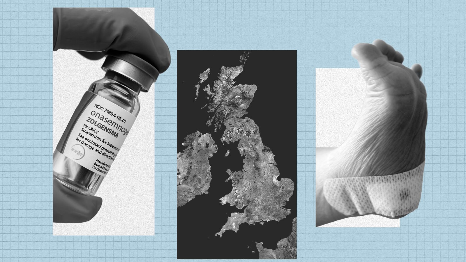 Three black and white illustrations against alight blue grid. A vial of medication, a map of the UK, and a baby's foot with a bandage on it.