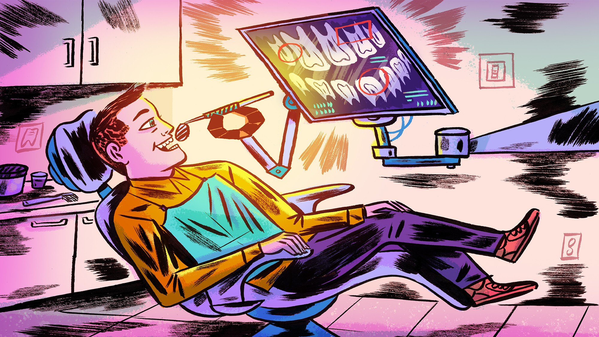 Illustration of a dental patient being worked on by a sentient computer