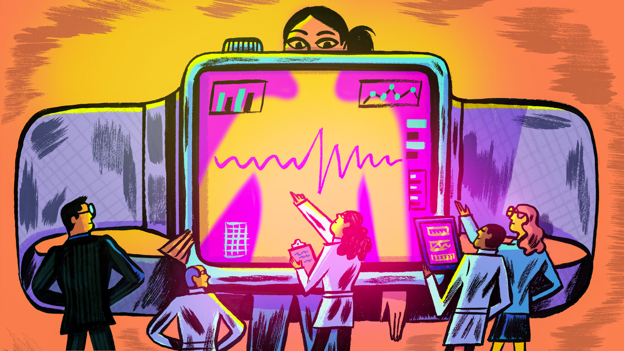 Illustration of a patient standing behind an Apple Watch, getting and x-ray. Business people and doctors stand below, pointing toward the watch.