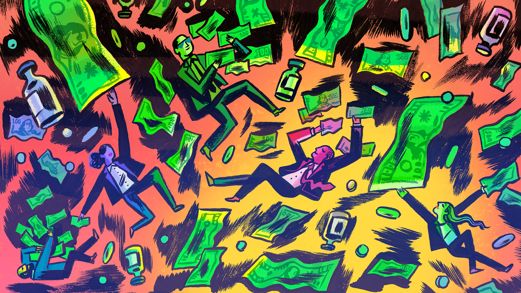 A colorful illustrated montage of money, people in suits, and pills
