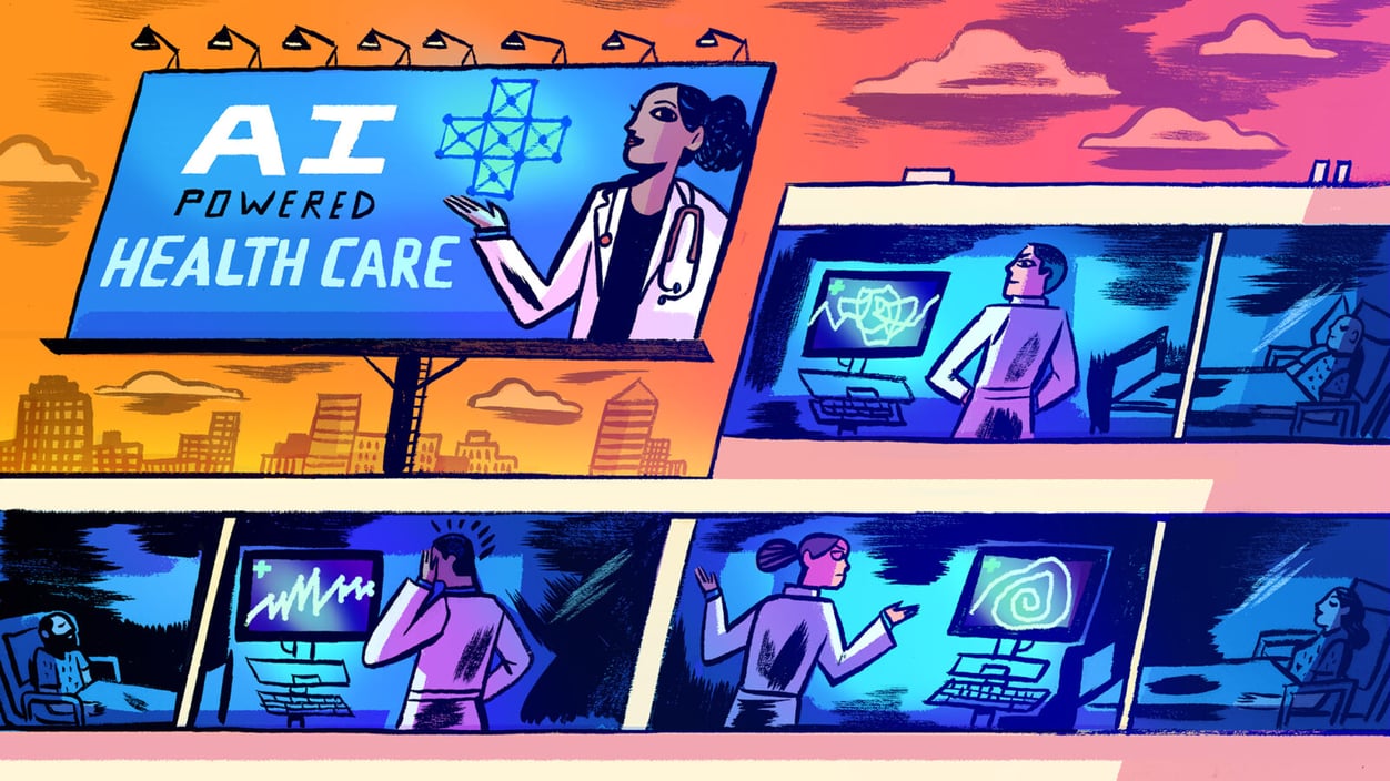 Illustration of a billboard promoting AI tech on top of a hospital, inside the hospital doctors struggle with computers