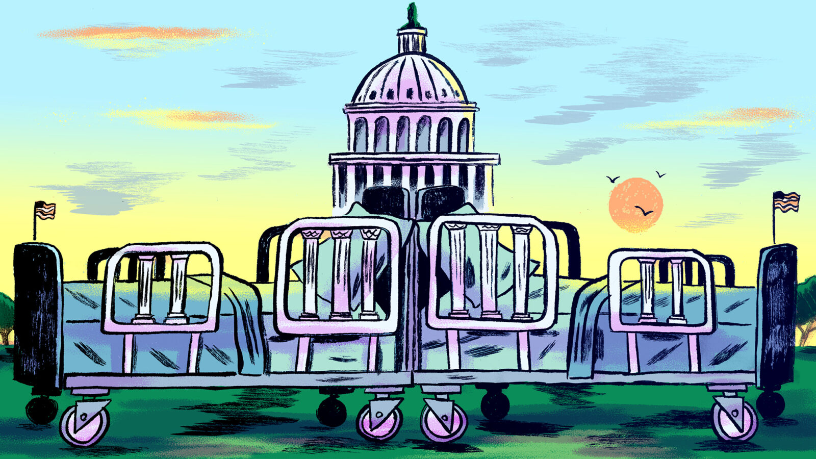 Illustration of the U.S. Capitol with two hospital beds at the base of the building.