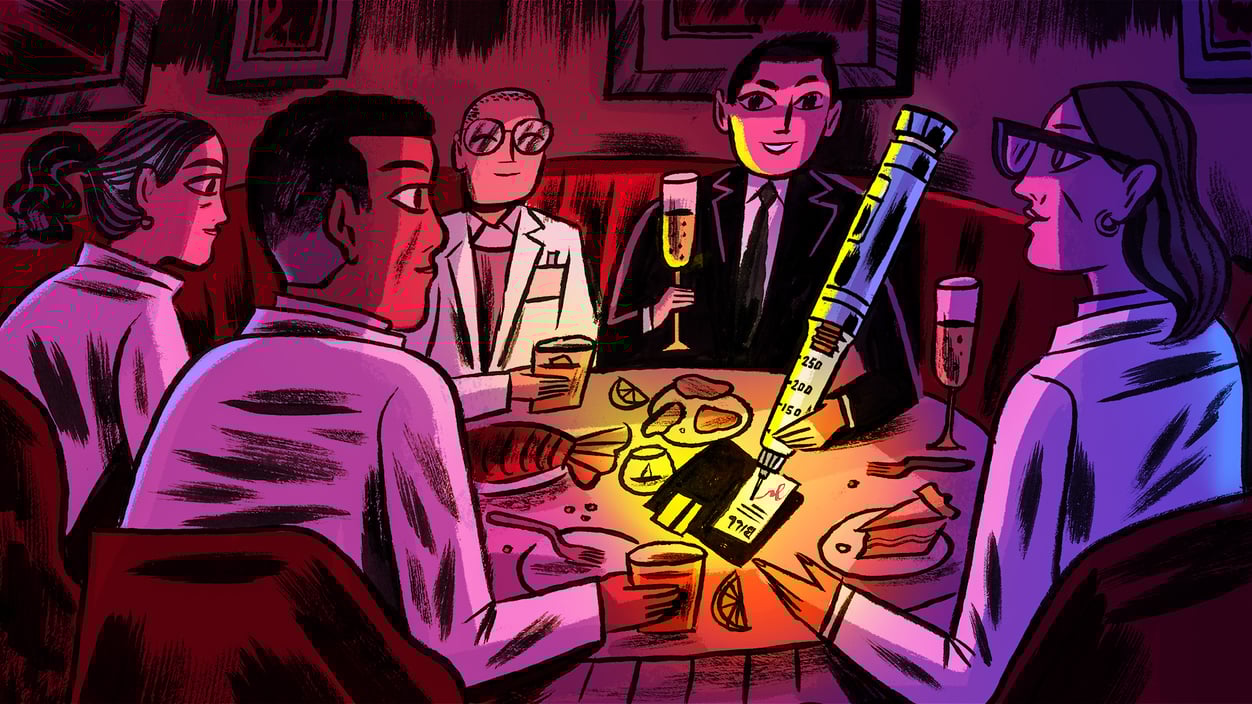 Colorful illustration of doctors having a fancy dinner with a pharmaceutical representative who is holding an oversized autoinjector of the obesity treatment medication