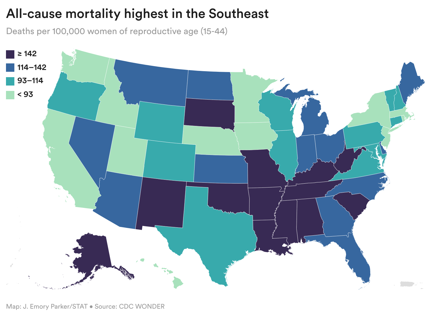 A map of all-cause mortality rates for reproductive-age women by state across the U.S. Rates are highest in the Southeast.